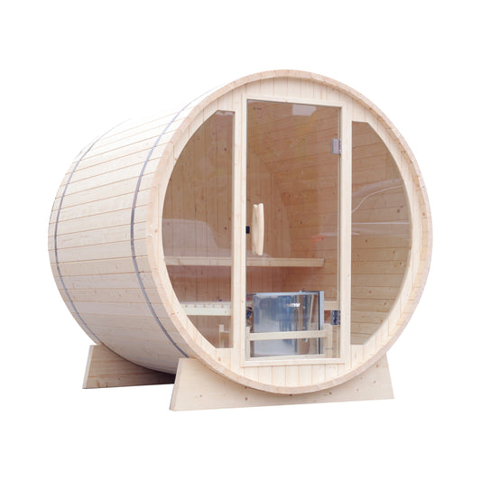 Glass Front Barrel Sauna | Elegant Pine Outdoor Sauna