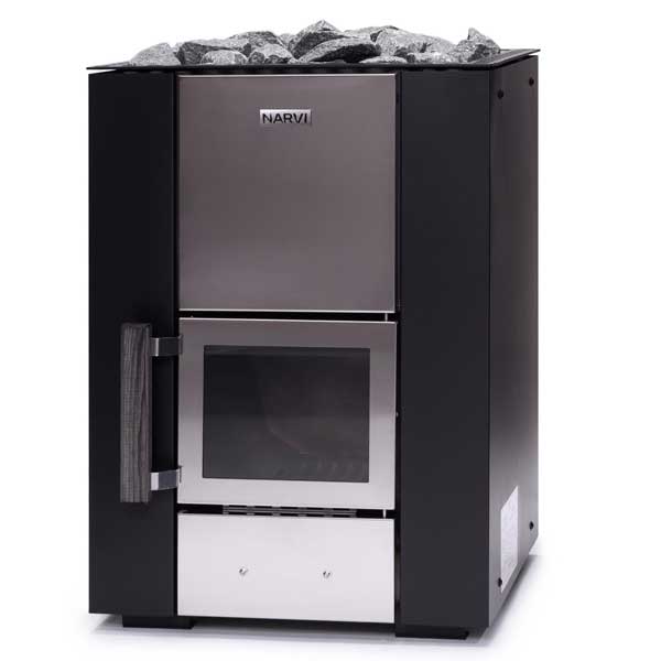 Narvi Kuru Wood Burning Heater with rocks and flat floor plate