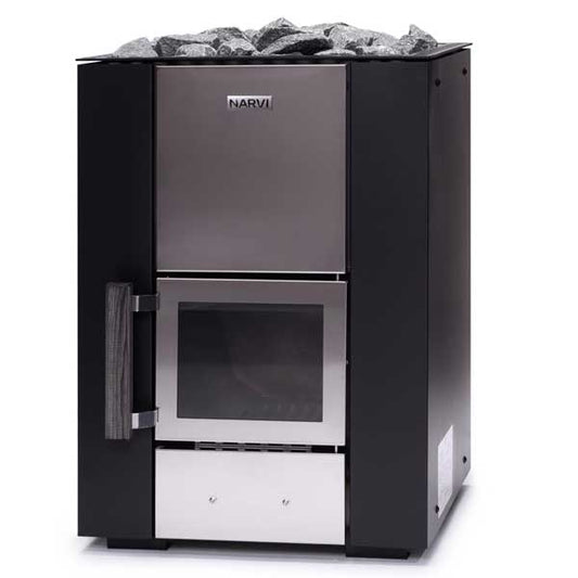 Narvi Kuru Wood Burning Heater with rocks and flat floor plate