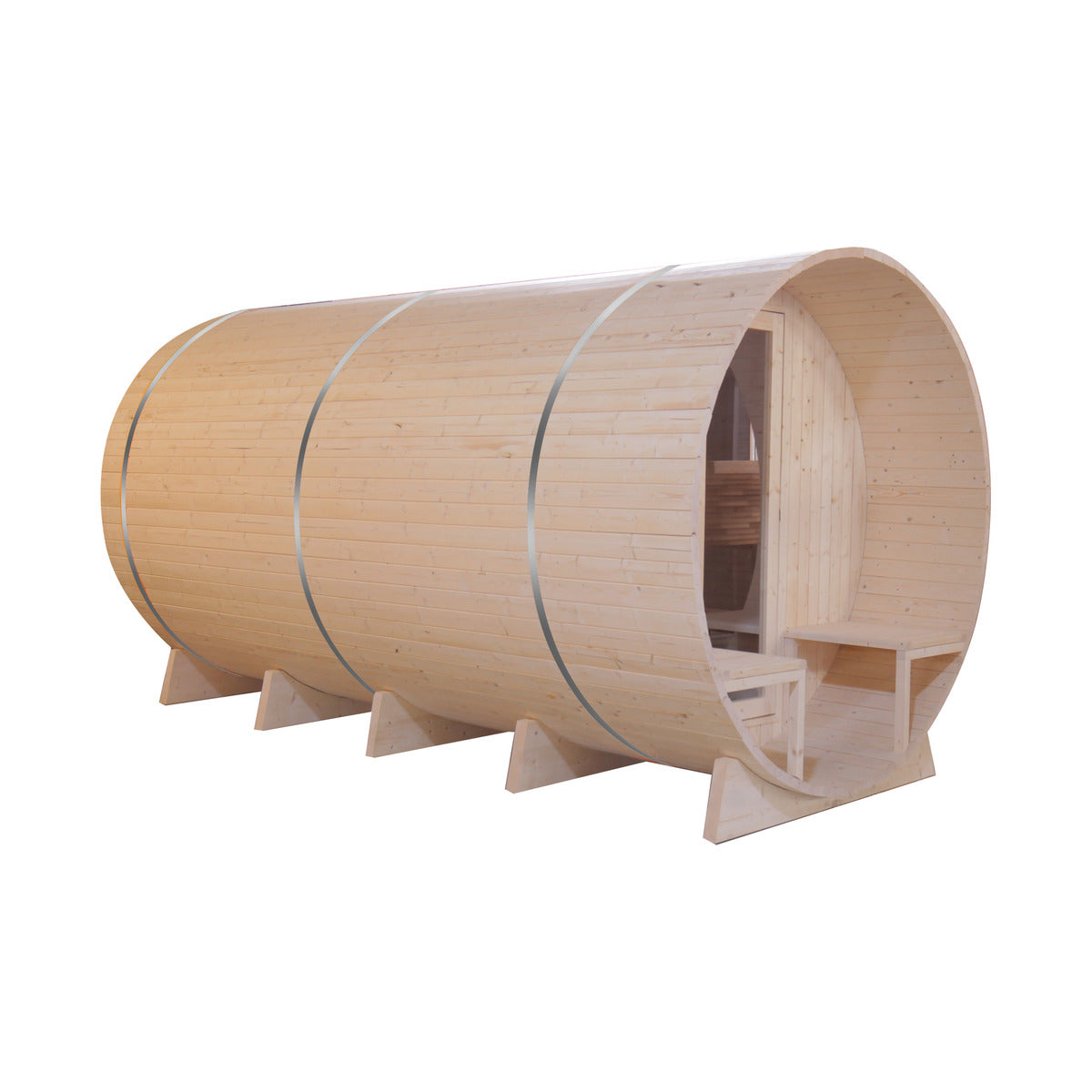 Family-size barrel sauna of the kind a Harvia heater is often chosen for