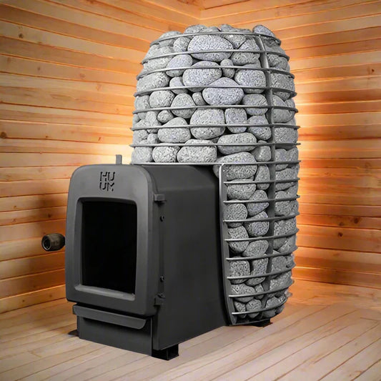 Open stone-cage electric sauna heater with a large stone volume