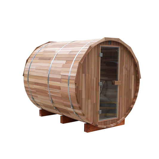 Cedar sauna showing warm-toned unfinished softwood cladding