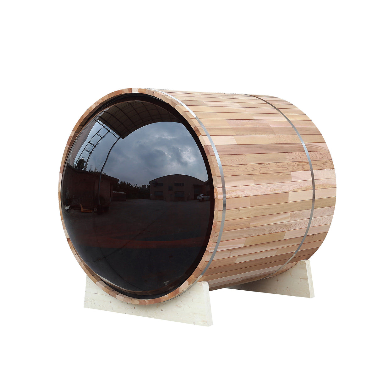 Outdoor sauna with a full glass front wall