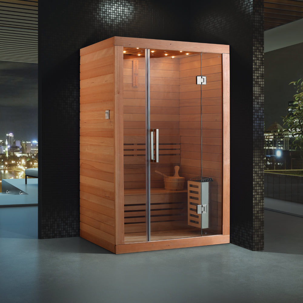 Clean, well-maintained sauna interior with bare timber benches