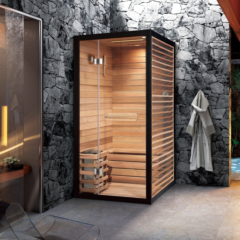Converted room finished as a clad sauna with tiered benches