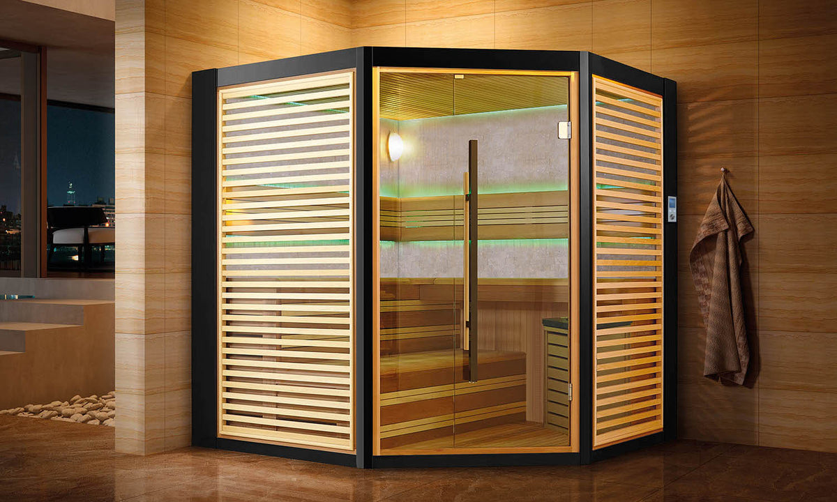 Cedar-lined home sauna interior with tiered benches and a glass door
