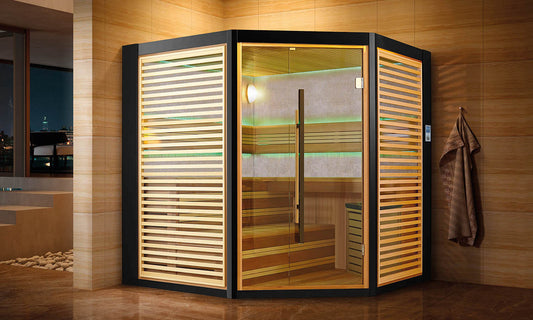 Custom-built indoor home sauna with tiered wooden benches and warm lighting