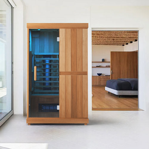 Two-person indoor sauna kit assembled in a home